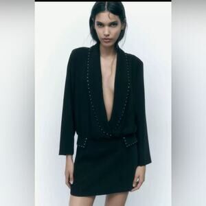 Zara Black Rhinestone Short blazer dress with V-neck lapel collar long sleeves